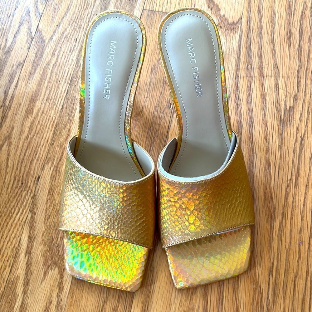 Marc Fisher- “Danria” Square Toe Gold Metallic Slide Dress Heels-8M- NEW